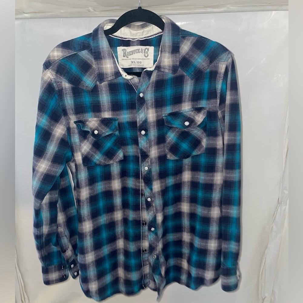Roebuck & Co. Blue Plaid Shirt Pearl snap size xl